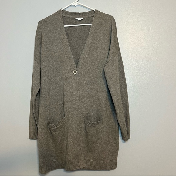J Jill  One Button Cardigan Gray Pocket Sz L Gray Oversized Longline Boho - Picture 1 of 9